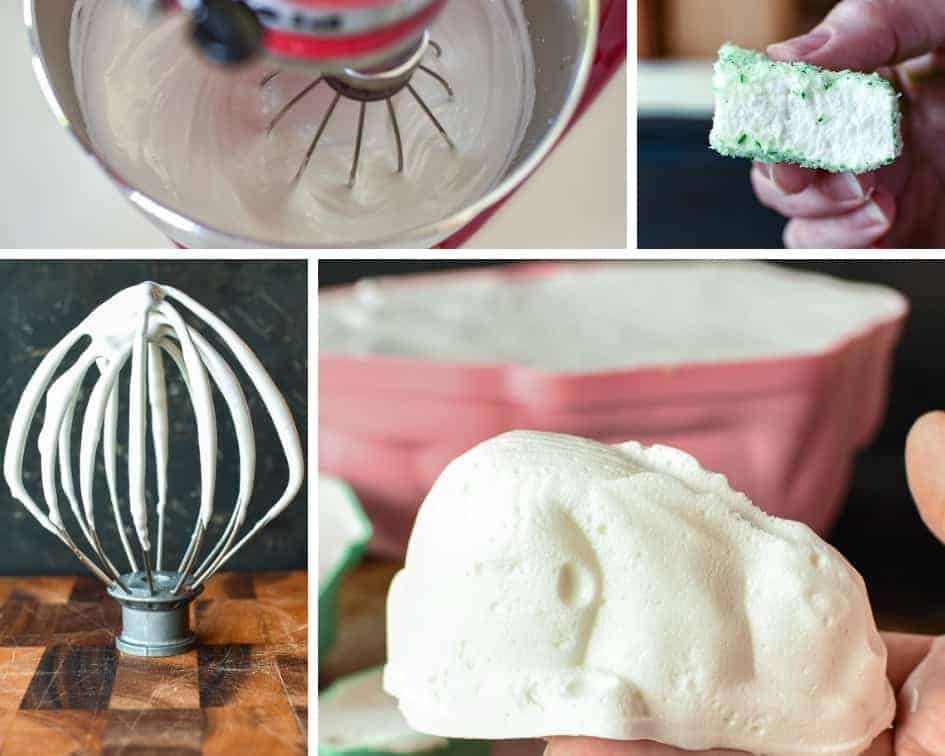Photo collage of how to make marshmallow bunnies