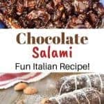 two image with text inbetween - top image is chocolate mixture in a blue bowl bottom image is two chocolate salami on wooden board with three slices cut