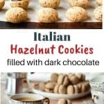 Two image with text in between. Top image is hazelnut cookies on a baking tray with a spoon pouring a little chocolate on a cookie. Bottom image is afternoon tea table setting with cup and saucer in the forefront with a cookies on the saucer. more cookies in the background