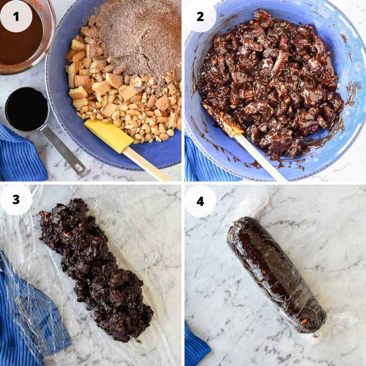 This Chocolate Salami recipe is a fun, no-bake Italian sweet. It's a crunchy treat that is perfect to serve with an after-dinner coffee. #chocolatesalami #italianrecipe #chocolatedessert #chocolatetreat #afterdinnertreat #sweetrecipe Four step process to making this recipe as in the recipe card.