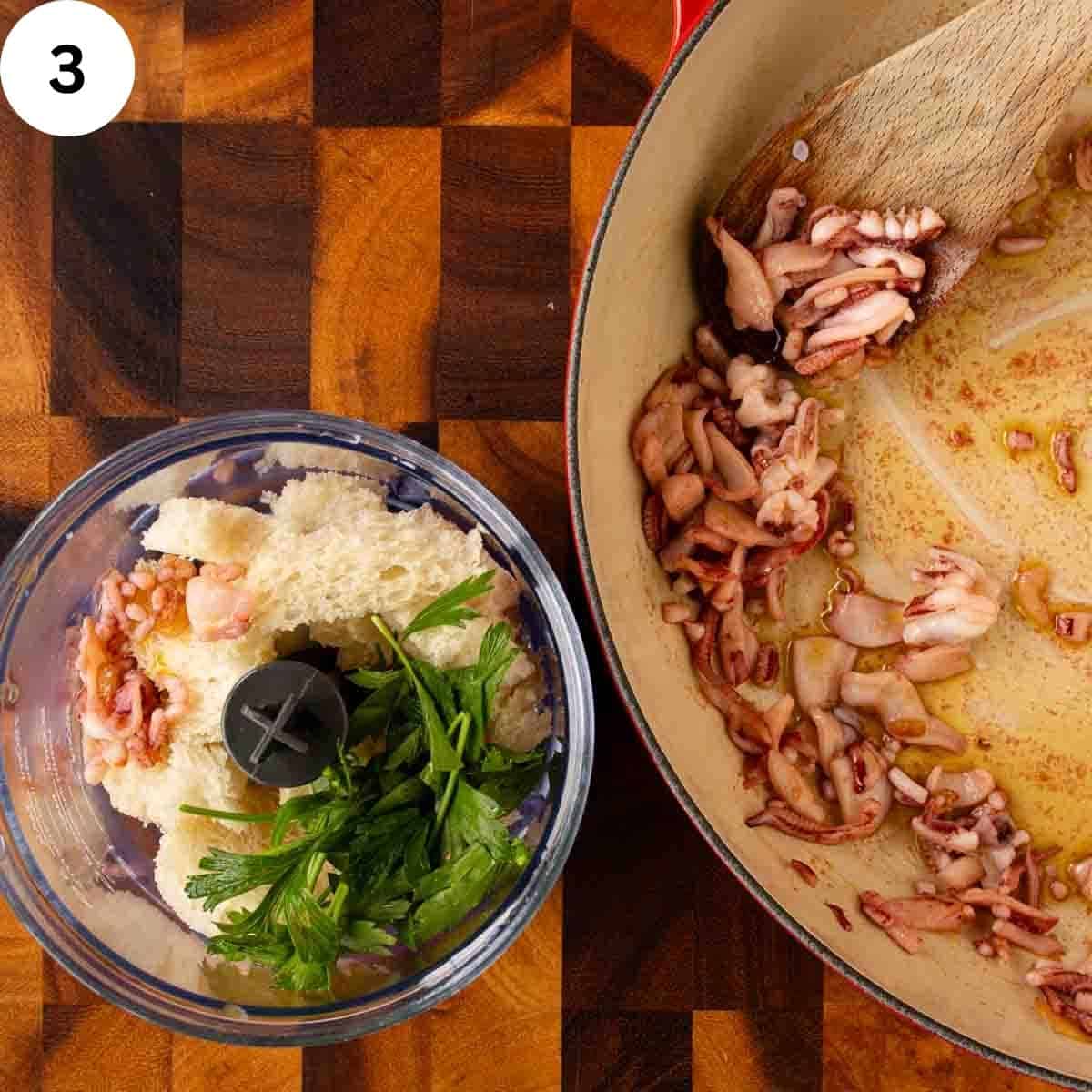 Bread and herbs in a small blender and a frying pan with fried squid tentacles.