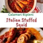 Stuffed Squid in tomato sauce on a plate, one whole and one sliced.
