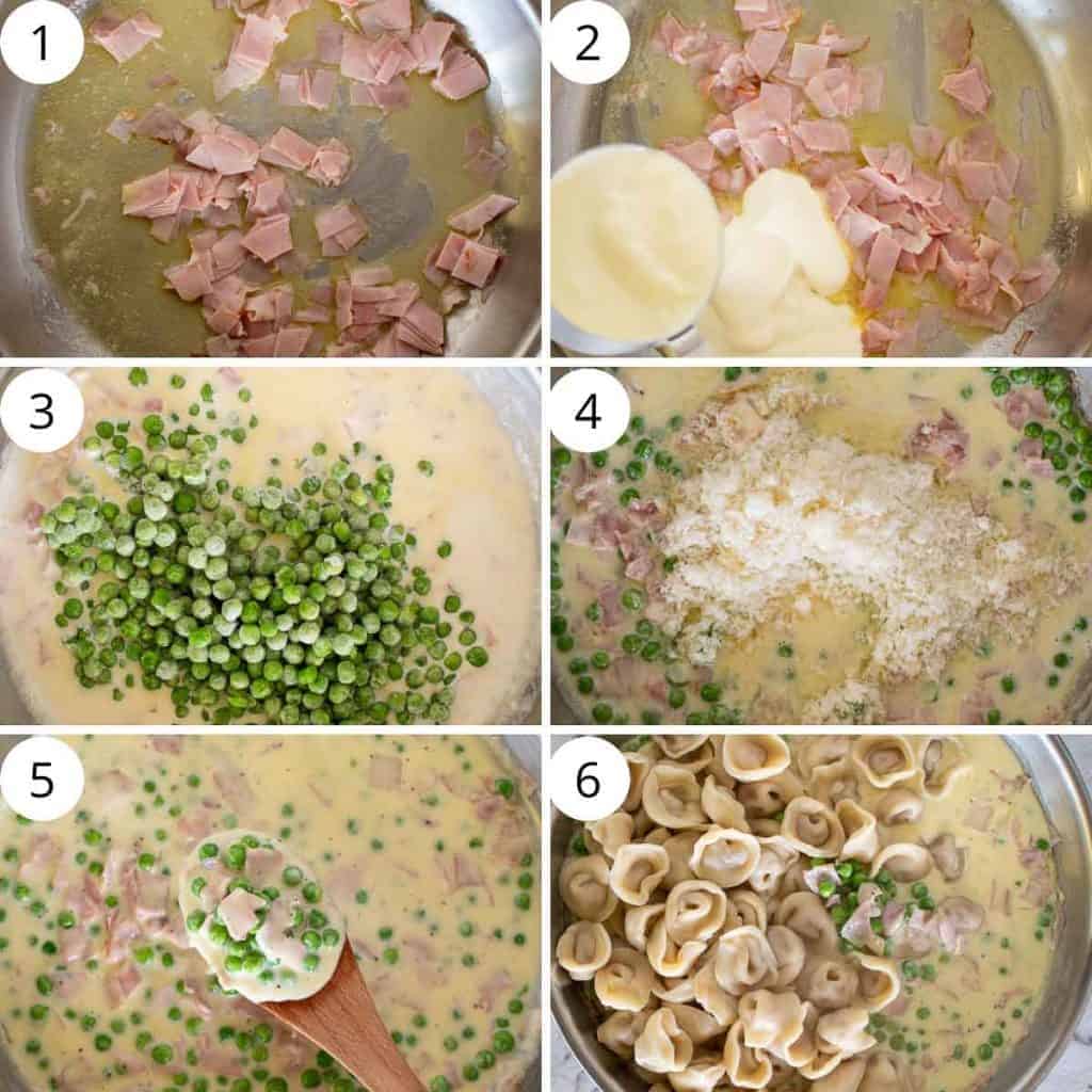 Six step photo collage showing how to make this pasta recipe.