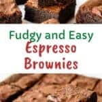 Three espresso brownies stacked with more brownies around.