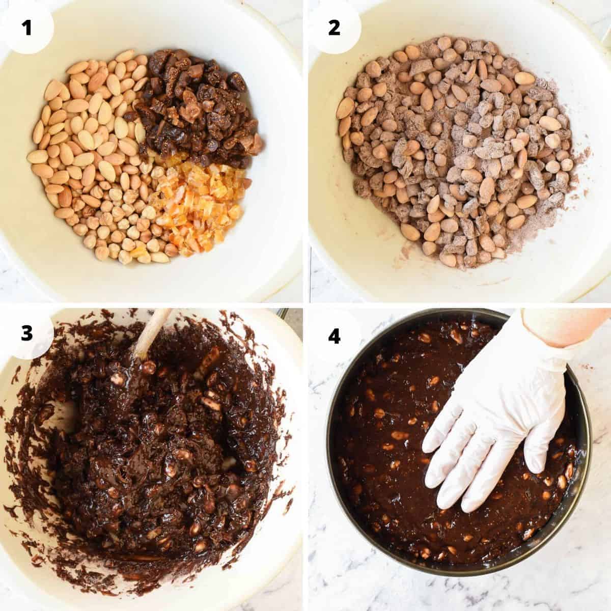 Panforte with Nut and Figs is a Christmas favourite in Italy. Originally from Siena, this rich sweet can now be found throughout Italy and beyond. #panforte #italianchristmas #italianrecipe #panfortedisiena 4 step images to prepare the recipe as in the recipe card.