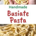 Busiate pasta on a kitchen towel viewed from above.