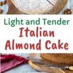 Italian Almond Cake on round wooden board with one wedge cut.
