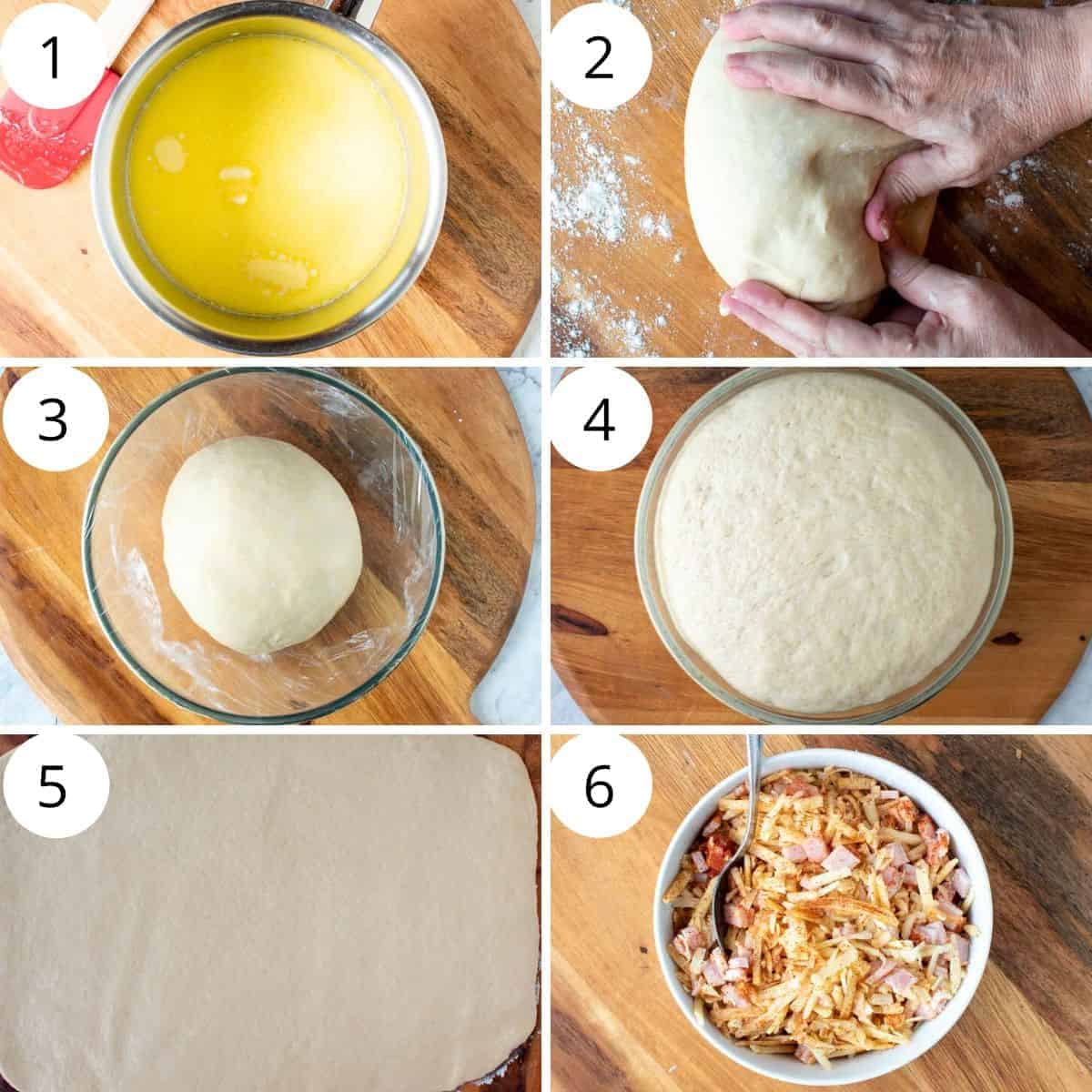 This savoury Bread recipe is beautiful to look at and super tasty to eat. The dough is enriched with butter and egg then rolled up with cheese and bacon. You won't be able to stop eating this one! #bread #cheesebread #bakingwithyeast #bake A six step photo collage showing how to make this recipe.