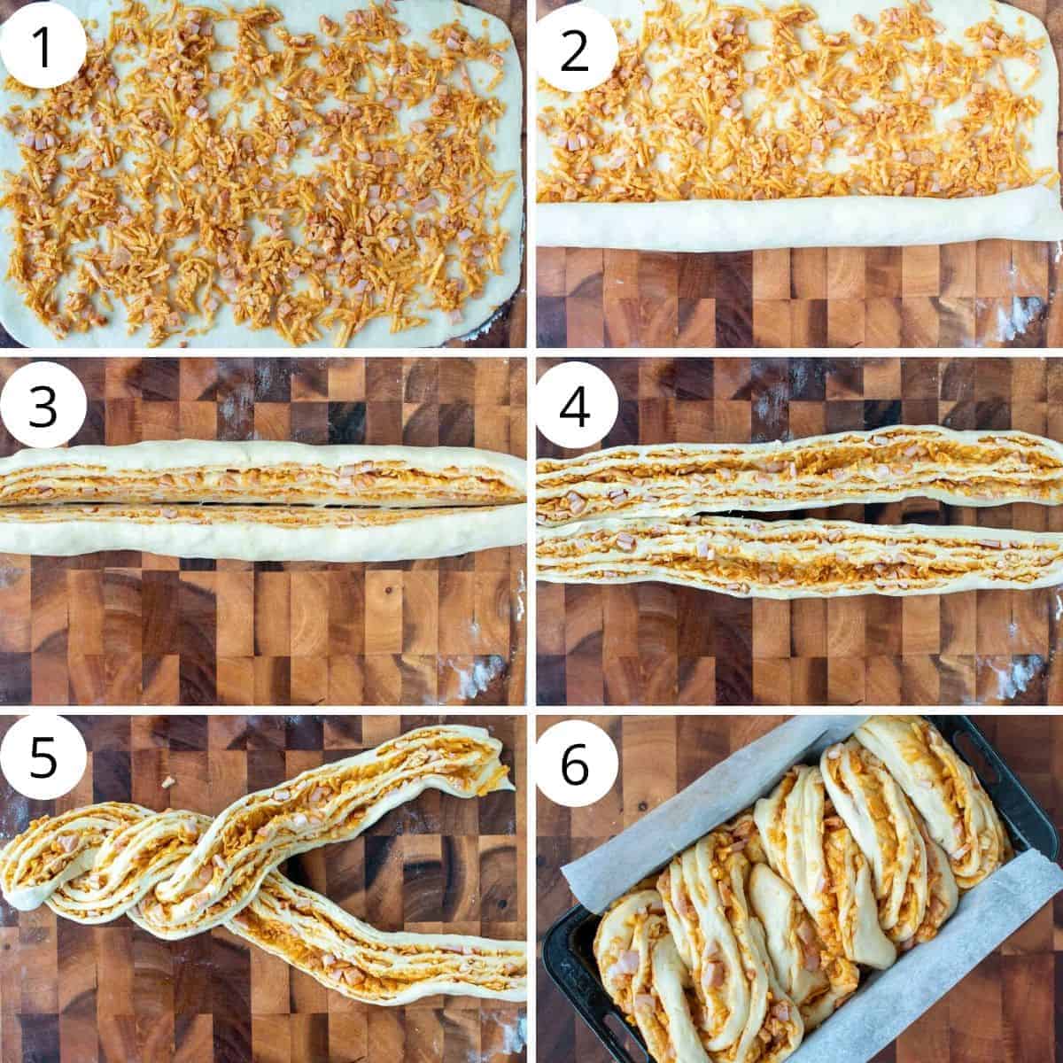 This savoury Cheese Bread with Bacon is beautiful to look at and super tasty to eat. The dough is enriched with butter and egg then rolled up with cheese and bacon. You won't be able to stop eating this one! #bread #cheesebread #bakingwithyeast #bake A six step photo collage showing how to shape and bake this bread.