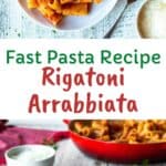 Rigatoni Arrabbiata on a white plate with red skillet in the background.