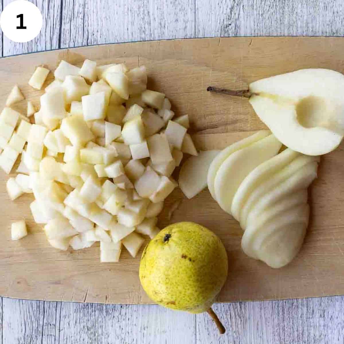 Pears in various stages of peeling and dicing.