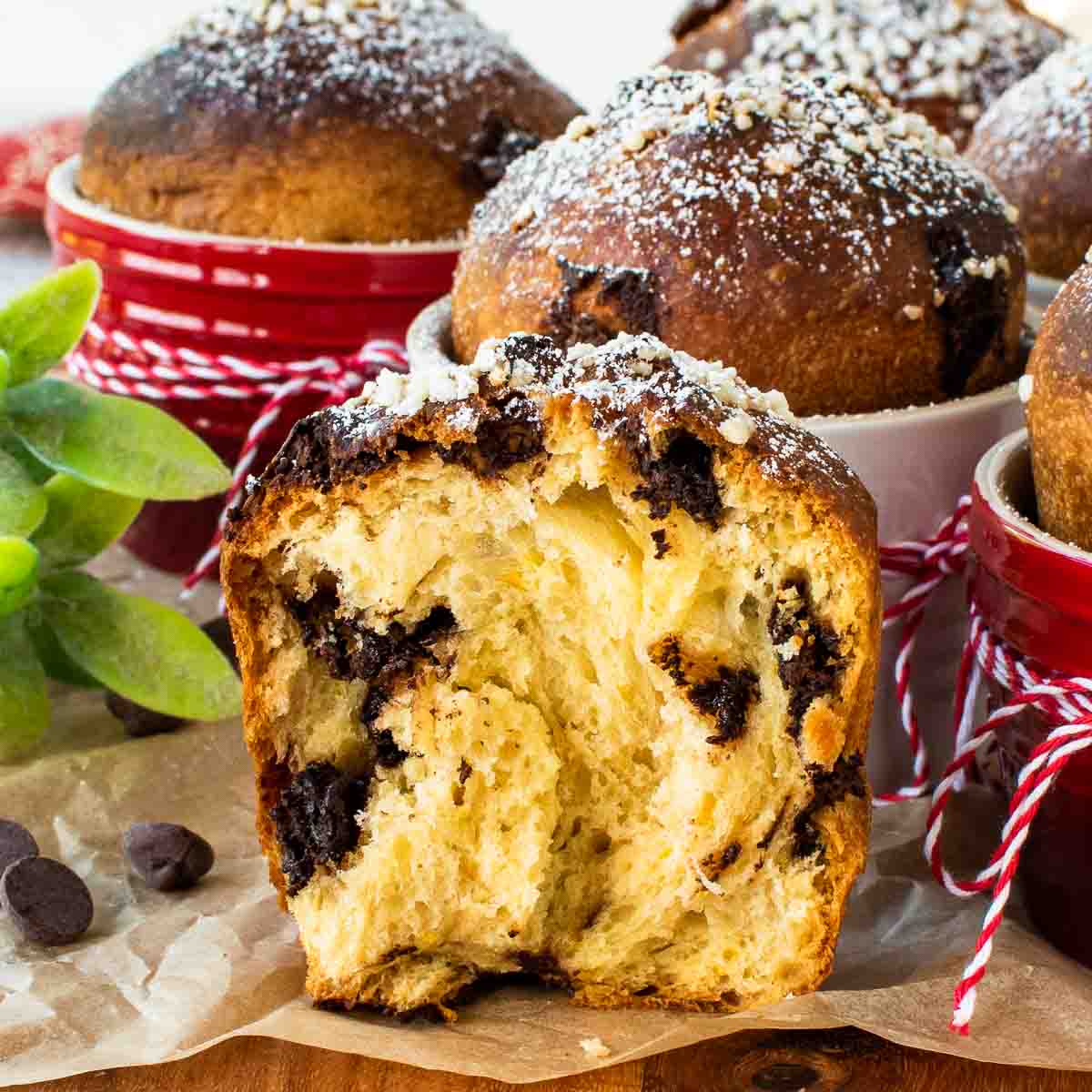 Chocolate Panettone broken in half showing the inside crumb.