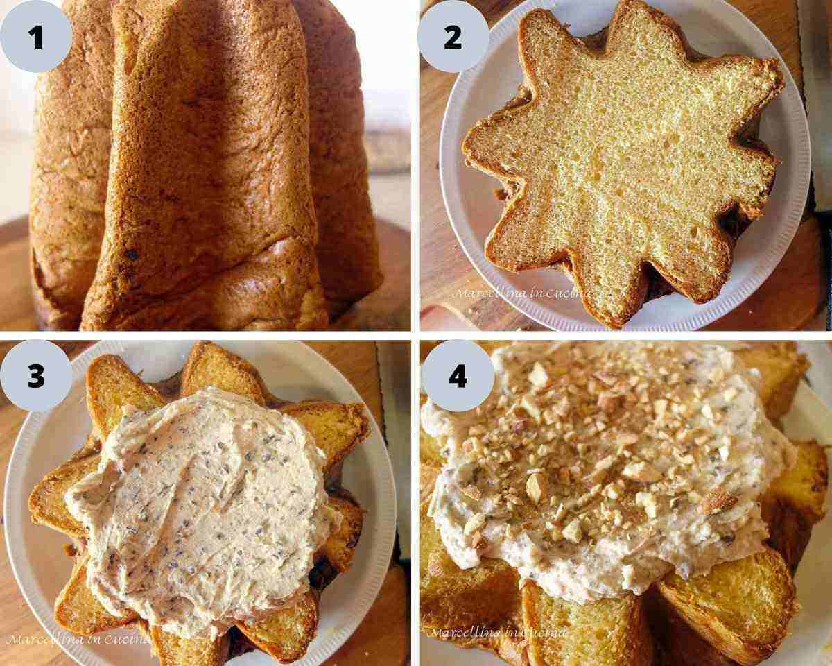 This Christmas Tree Cake delicious, spectacular and totally no bake! Do you need a great dessert for Christmas? Look no further. You will have this dessert made in less than 30 minutes. #christmasrecipe #italianrecipe #christmastreecake #pandorocake #nobakerecipe four images - 1. Italian pandoro cake, 2. cross section of pandoro cake, 3. cross section of pandoro cake with cream filling spread on, 4. cross section of pandoro cake with cream filling spread on and nuts