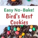 Chocolate nests with colored candy eggs on a white plate.