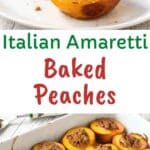 Baked Peaches on a white plate with more baked peaches in the background.