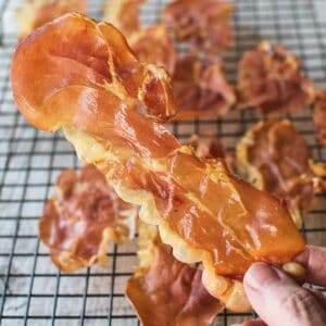 Crispy Prosciutto held by two fingers.