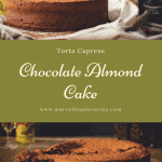 Two chocolate almond cake photos with text in the centre
