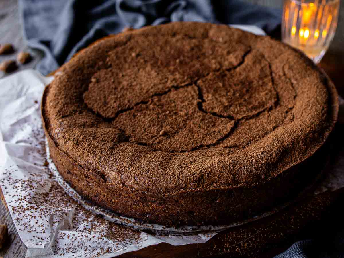 Whole round unfrosted chocolate cake dusted with cocoa powder.