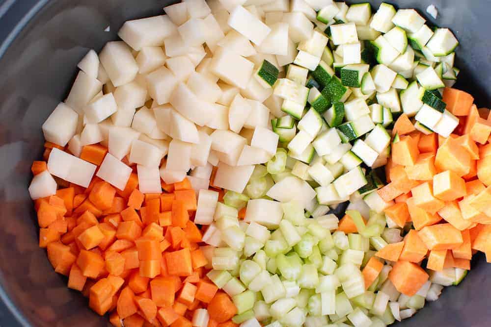 Diced potato, carrot, sweet potato, celery and zucchini