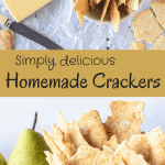 homemade crackers in white bowl with cheese and green pears