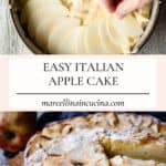 Cake with apples on a wooden board with a slice cut and revealed.