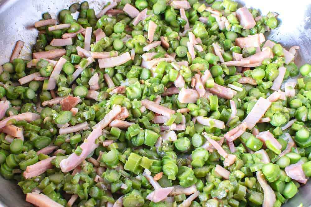 Pasta with Asparagus and bacon is perfectly simply pasta that is full of flavour. #pasta #asparagus #recipes #italianfood Asparagus and bacon in frying pan to make this Pasta recipe.