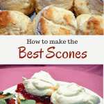 1st photo is fresh baked scones 2nd photo is scones with jam and cream and strawberries