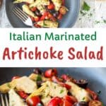 Artichoke Salad in a dark shallow bowl with a fork