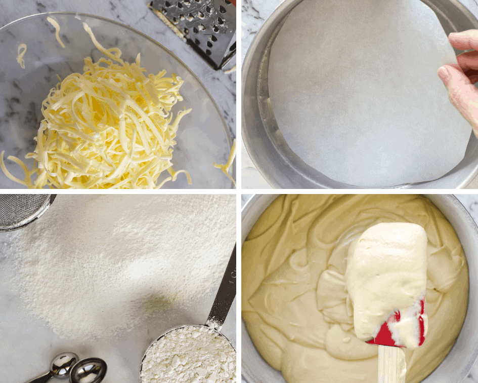 This Easy Vanilla Cake recipe is a classic and comes together in minutes. Even if you've never baked a cake from scratch, you will find this simple and achievable! #easyvanillacake #vanillacake #easycakerecipe #easyrecipe Collage of four images, grated butter, round cake pan with paper insert, sifted flour and cake batter in round cake pan.