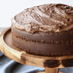Frosted Chocolate cake on wooden cake stand