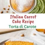 Wedge of Italian carrot cake on three stacked white plates.