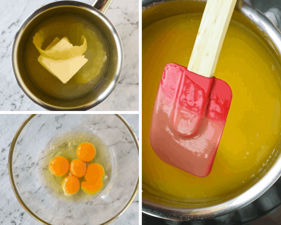 Homemade lemon curd is a tangy lemon custard which is perfect for cake fillings, tarts or to top scones. #homemade #lemoncurd #lemonrecipe #curdrecipe #homemadecurd A collage of three steps showing how to make this recipe.