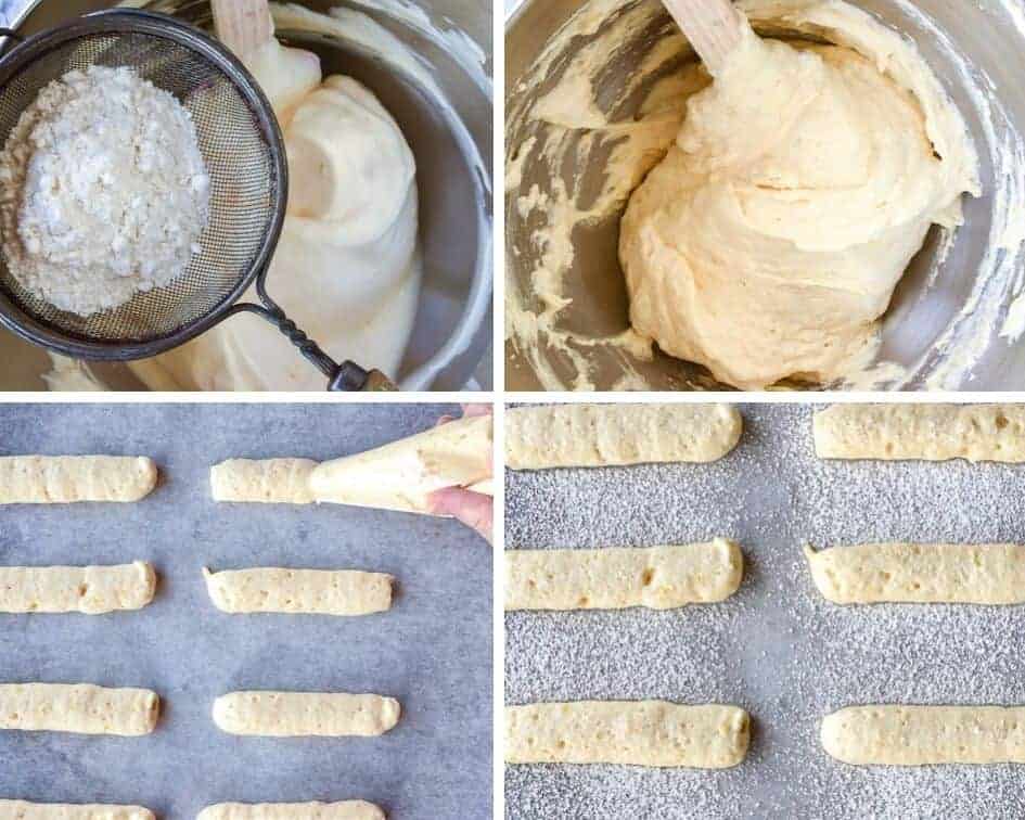 Sponge fingers are light, airy and actually quite easy to make at home! You might know this Italian treat by their other name - savoiardi or even lady fingers, either way you'll love the homemade taste of this recipe. #spongefingers #ladyfingers #savoiardi #biscotti #savoiardibiscuits #italianrecipe #italianfood #baking #desserts 4 step photo collage of how to make these cookies as in the recipe card.