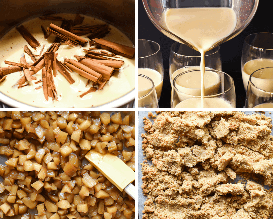 Cinnamon Panna Cotta with Apple Crumble topping makes a perfectly easy dessert that is as impressive as it is flavourful! #pannacotta #cinnamon #pannacottarecipe #italiandessert #applecrumble #applecrisp Photo collage of preparation of cinnamon panna cotta with apple crumble toppingn of