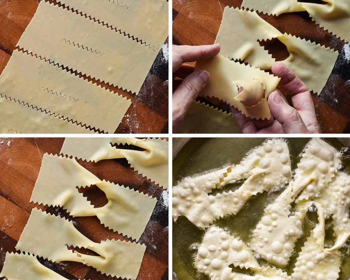 Crostoli are a crispy fried Italian pastry which are popular during Carnevale and many other celebrations. Try stopping at just one - impossible! #crostoli #angelwings #Italianfritters #easter #christmasrecipes #lent #Italiancookie #italianrecipes Four Photo collage of crostoli preparation
