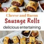 Two images of sausage rolls on baking paper with black sauce and red sauce - one viewed from above; the other from the side with text in the middle