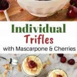 two images with text inbetween - top image is Cherry sauce in white bowl with cherries scattered around, spoonful of sauce beside bowl - bottom images is three glasses of creamy cherry dessert with cherries scattered around viewed from above
