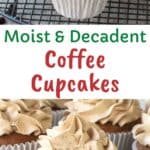 Coffee Cupcakes on black wire rack with a bite taken out of one cupcake.