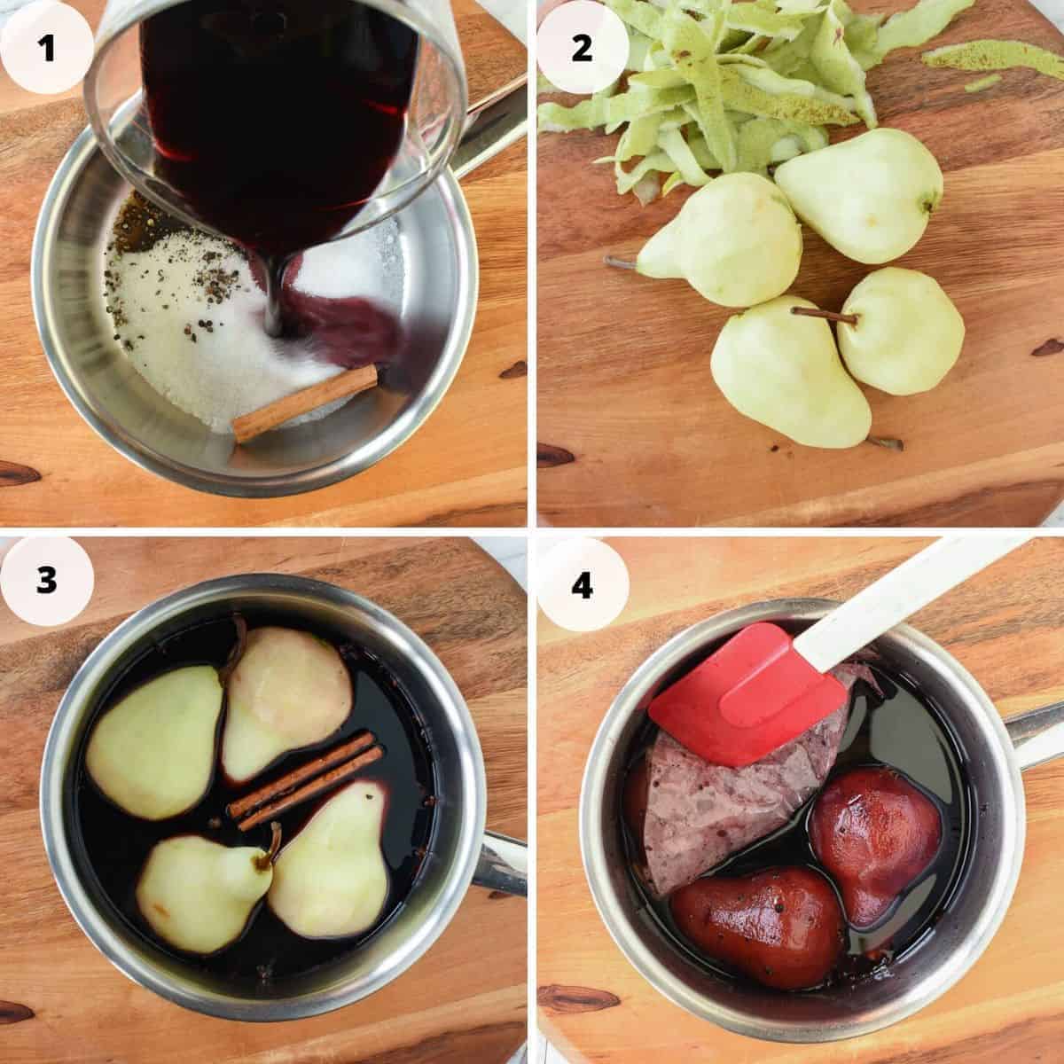 Poached Pears in Red Wine and Spices is a simple and impressive dessert that is equally at home at a dinner party or family meal. These delicious pears glisten with syrup and are fragrant with spices. Included is a special ingredient that balances out the sweetness. #pears #pearrecipe #redwine #dessert #recipe #poachedpears A 4 photo collage of instructions to make the recipe