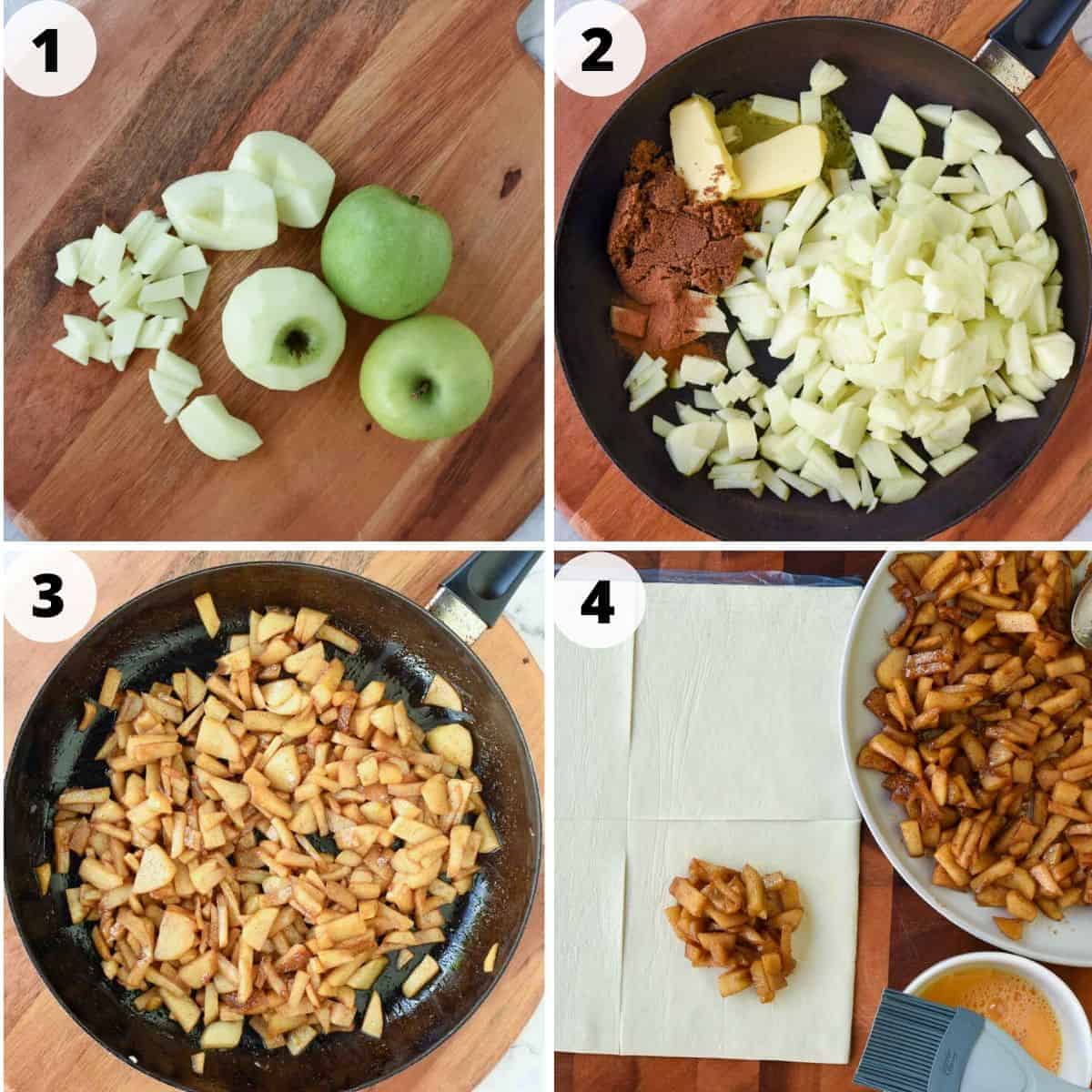 These homemade Apple Turnovers made with puff pastry are so easy. This recipe is really simple to make using store bought dough and a fresh apple pie filling. Enjoy bakery style, flaky pastries that you have baked yourself! #apple #appleturnovers #puffpastry #homemade #pies #pastry #applepies photo collage of preparation of this recipe. image 1 is green apples whole and cut, image two is black pan with chopped apples, brown sugar and butter, image 3 is caramelised apples in black pan, image 4 is caramelised apples on a plate, square of dough and bowl with beaten egg.