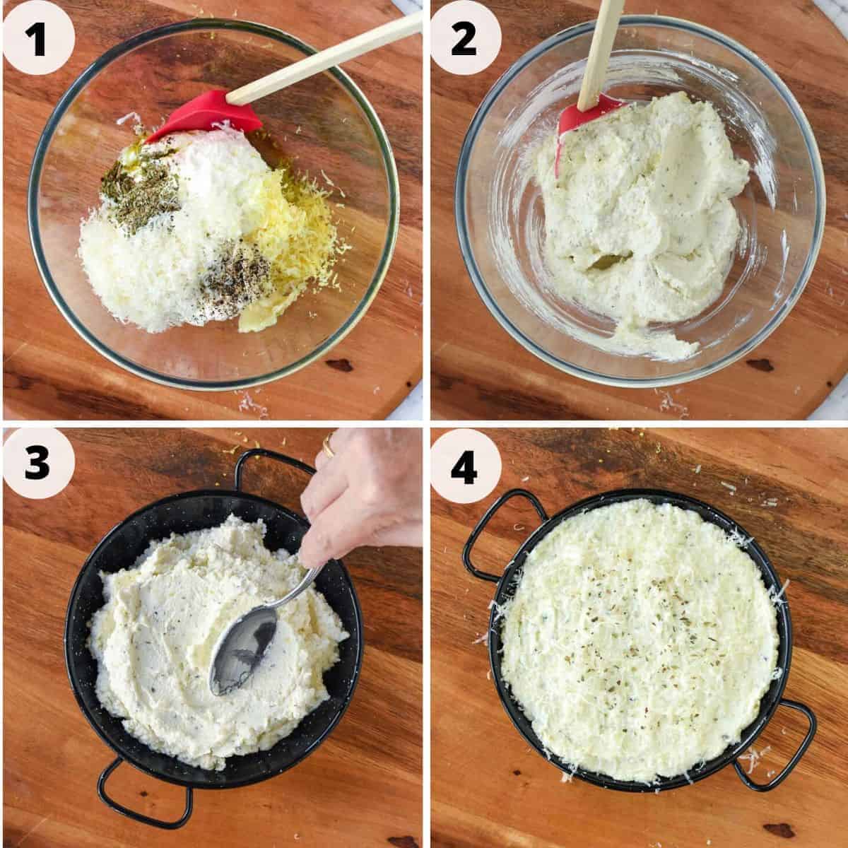 30 minutes. Serves 8. This Creamy Baked Ricotta Dip is full of lemon and garlic flavours. Serve with Roasted Tomatoes and crusty bread for a delicious, savory appetizer. Four image of preparation of making this recipe.