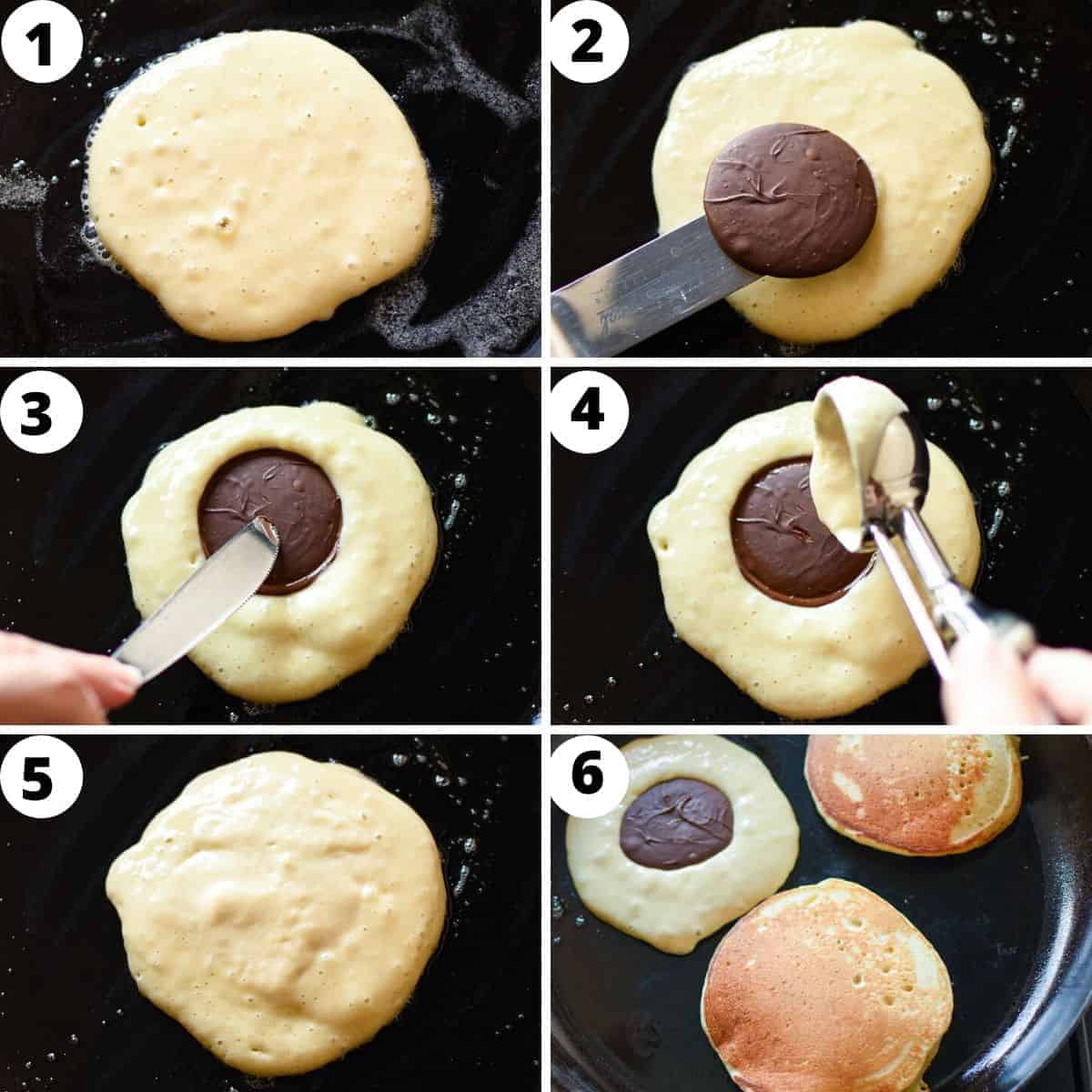Makes 8 Nutella Stuffed Pancakes. Not just for breakfast, these Pancakes Stuffed with Nutella make a decadent snack or dessert. You'll love how easy this fluffy pancake recipe is! #pancakes #homemade #nutellapancakes #nutella Six sets process images of preparing nutella pancakes.