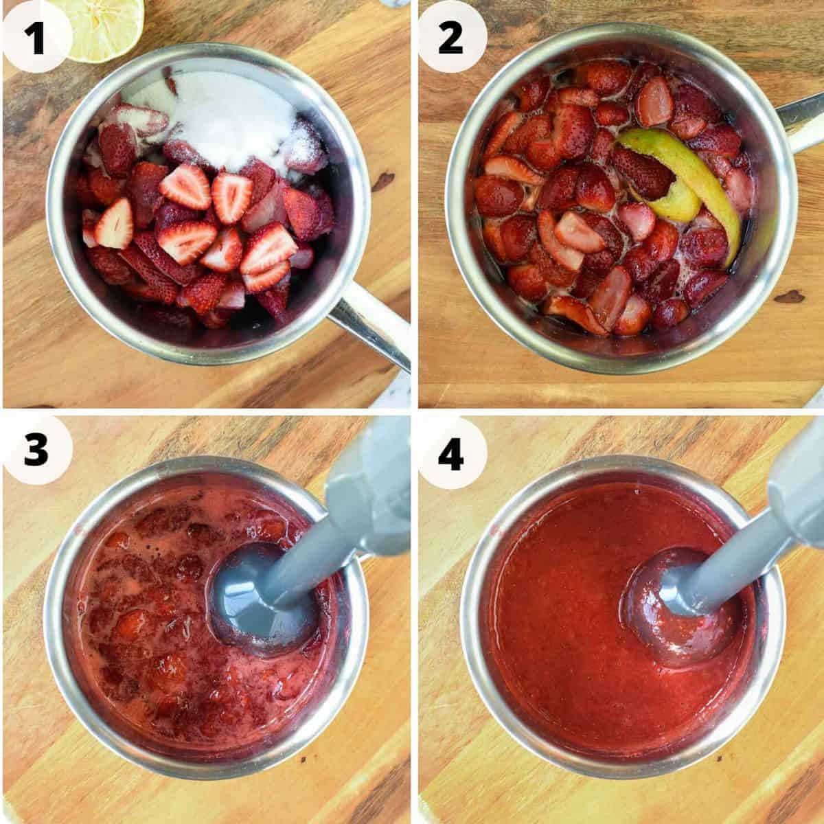 A homemade Strawberry sauce recipe using just 3 ingredients that is perfect for all desserts. You'll love using this strawberry topping for ice cream, pancakes or cheesecakes. #strawberries #dessert #sauce #strawberrysauce #strawberry #homemade Four images showing the process of making this recipe.