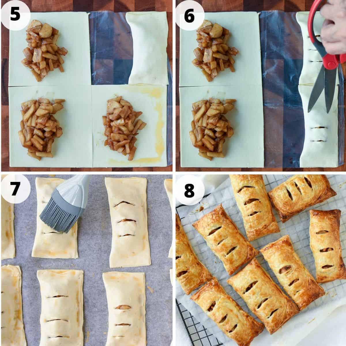 These homemade Apple Turnovers made with puff pastry are so easy. This recipe is really simple to make using store bought dough and a fresh apple pie filling. Enjoy bakery style, flaky pastries that you have baked yourself! #apple #appleturnovers #puffpastry #homemade #pies #pastry #applepies 4 images of preparation of this recipe. image 1 is cooked apple on three cut sections of pastry and one sealed pastry, image 2 is scissors cutting slits in the top of pastry, image 3 brushing egg wash on pastry, image 4 baked pastries on black wire rack.