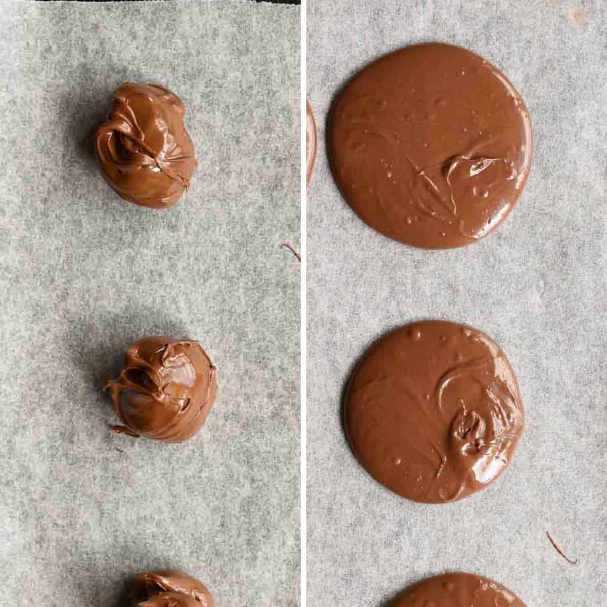 Makes 8 Nutella Stuffed Pancakes. Not just for breakfast, these Pancakes Stuffed with Nutella make a decadent snack or dessert. You'll love how easy this fluffy pancake recipe is! #pancakes #homemade #nutellapancakes #nutella On the left is spoonfuls of nutella and on the right is flattened rounds of nutella.