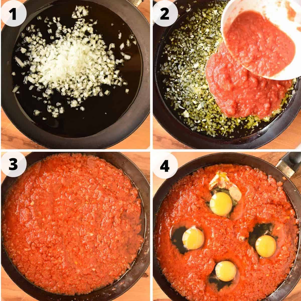 This poached egg recipe is an easy Italian dish you can prepare in less than 30 minutes. Eggs are poached in a spicy tomato sauce until the whites are set and the yolks are still creamy. Pure comfort food! #Italian #recipes #comfort #food #eggs #easyrecipe #eggsinpurgatory Four images: image 1 - chopped onions in a black pan; image 2 - crushed tomatoes pouring into black pan; image 3 - crushed tomatoes in black pan; images 4 - four raw eggs in tomato sauce in black pan.