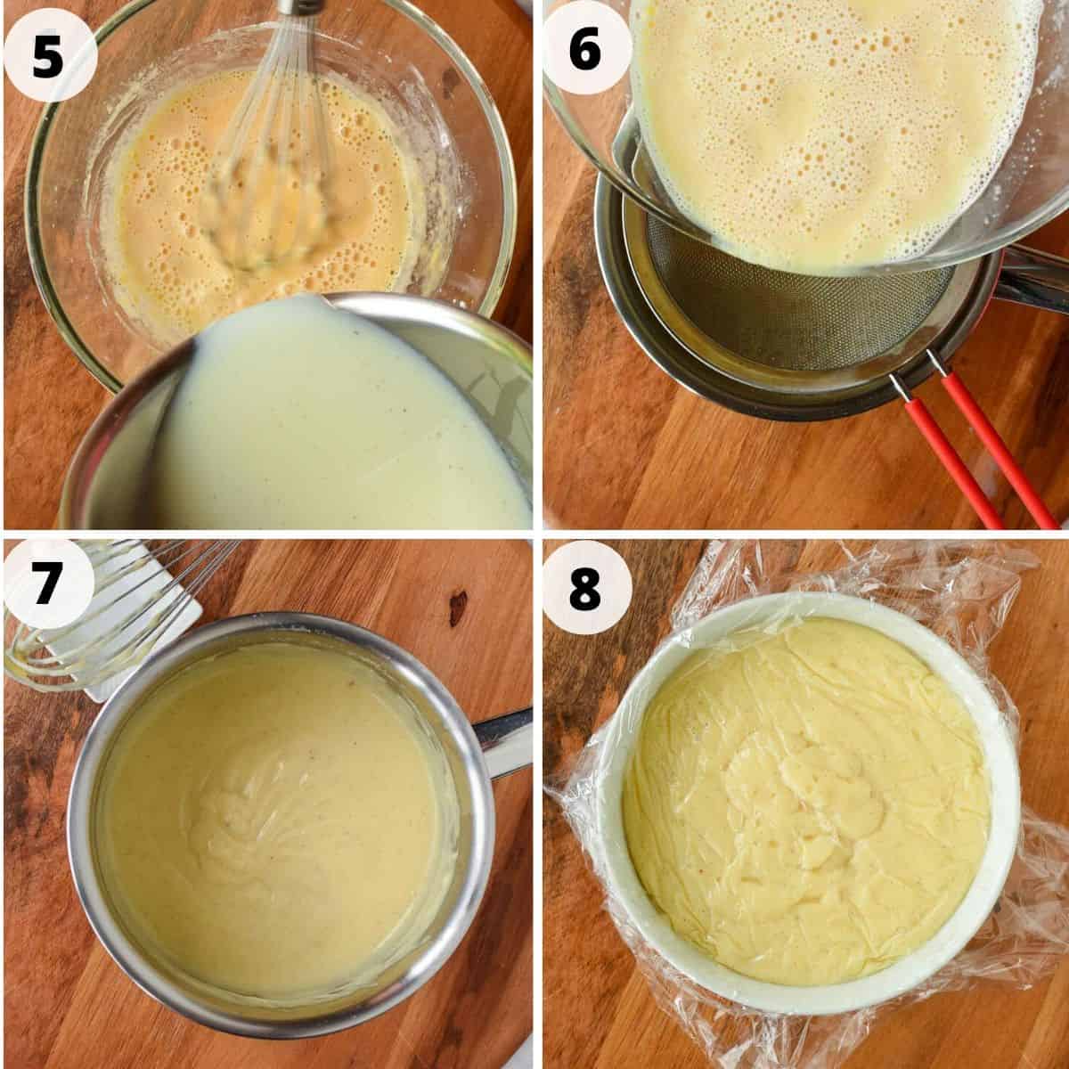 A thick and cream pastry cream that is perfect for pastries and desserts. This Italian version of creme patissiere has a delicate lemon and vanilla flavour and can be adapted to make other flavours such as chocolate or coffee. #italianpastry cream #crema pasticcera #cremepat #cremepatissiere #pastrycream #custard #vanillapastrycream four images. Image 1 - glass bowl of yellow custard mixture with milk being poured in. image 2 - yellow custard mixture being pour through sieve into saucepan. image 3 - thickened pastry cream in saucepan. image 4 - pastry cream in white bowl covered with plastic wrap.