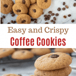 Coffee cookies stacked with one cookie leaning on the stack.