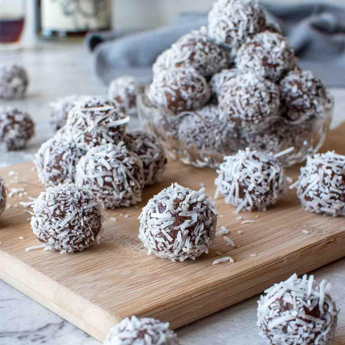 rum balls on wooden board