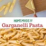 two images with text overly. top image shows process of making garganelli pasta. bottom images shows a pile of completed garganelli. text reads "homemade garganelli pasta".